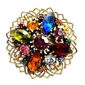 Vintage Czech Bohemian glass brooch on goldtone filigree round multicolor stones